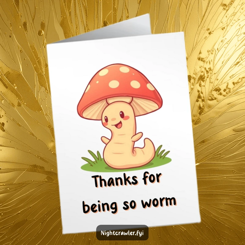 Funny Free Printable Thank You Card: Cute earthworm wiggling enthusiastically under a glowing mushroom, sending happy thanks.