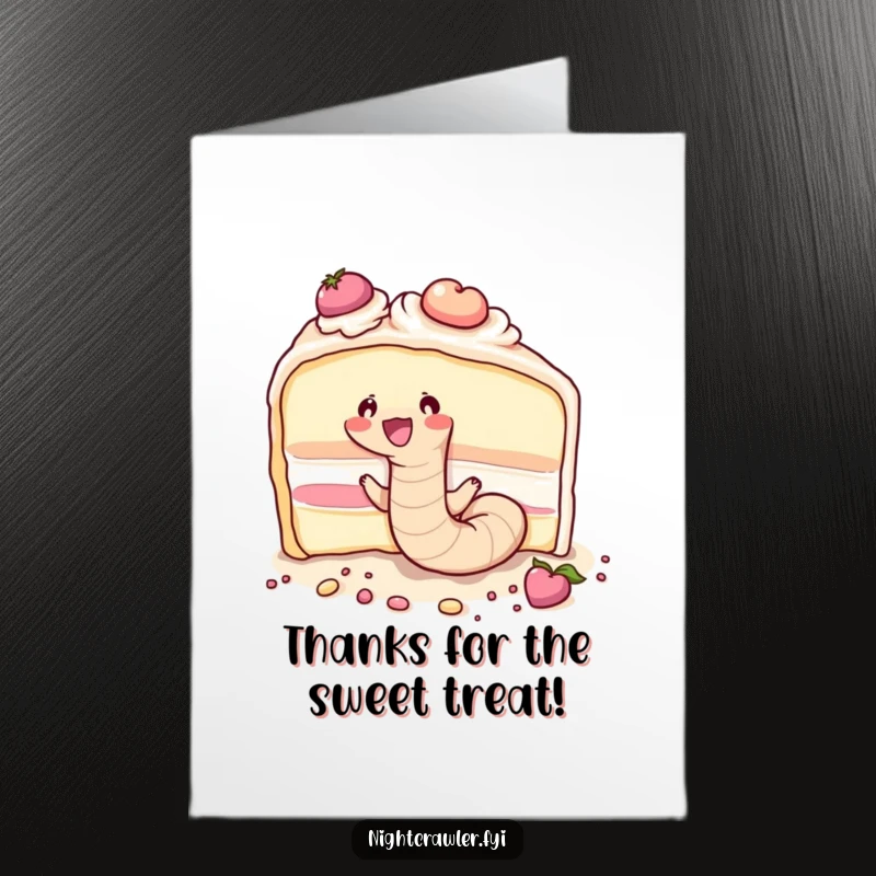 Funny Free Printable Thank You Card: A cute earthworm joyfully tunneling through a large cake, a fun way to express thanks.