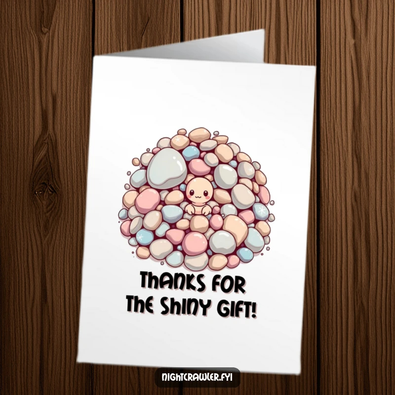 Funny Free Printable Thank You Card: Small worm peeking out from a heap of oversized, sparkling pebbles, a cute thank you.