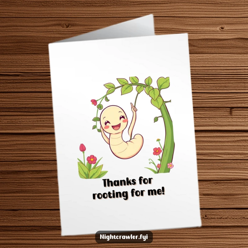 Funny free printable thank you card with a smiling worm swinging on a vine, perfect for expressing gratitude.