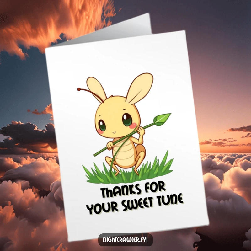 Funny Free Printable thank you card depicting a cute cricket character happily strumming a blade of grass with a smile.