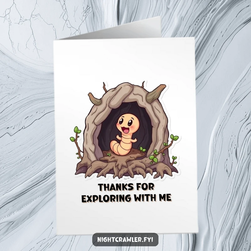Funny Free Printable Thank You Card with a cheerful worm character discovering a small cave.