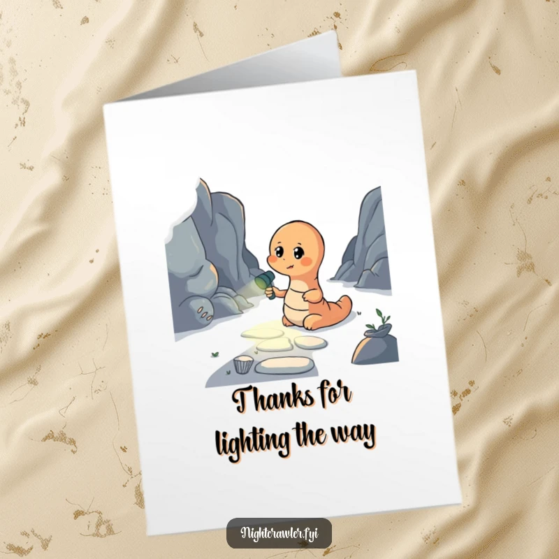 Funny Free Printable Thank You Card: Earthworm holding a tiny flashlight, lighting a dark path, symbolizing guidance and thanks.