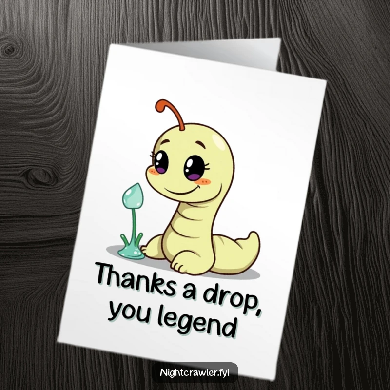 Funny Free Printable Thank You Card: A worm with a sly smile attempts to snag a dewdrop as thanks.