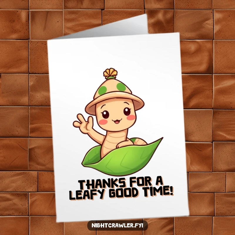 Funny Free Printable Thank You Card: A cute earthworm character in a tiny hat waving hello from a leaf, expressing gratitude with a friendly gesture, printable wall art.