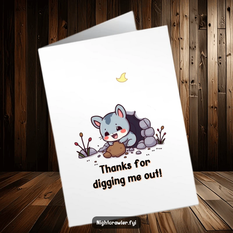 Funny Free Printable Thank You Card: Night creature digging with extreme glee, a unique downloadable sentiment.