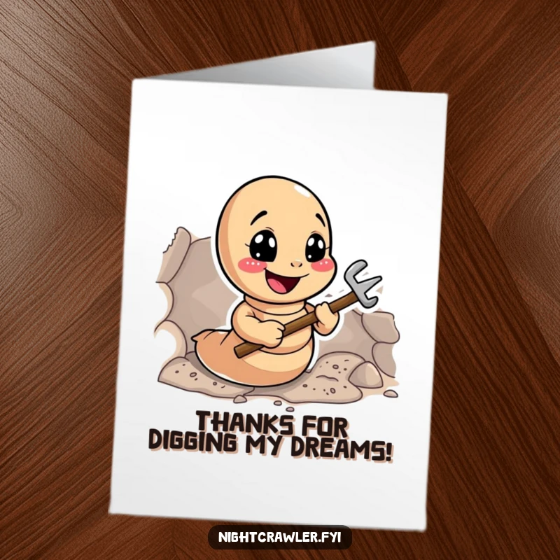 Funny Free Printable Thank You Card: A smiling earthworm character enthusiastically digging a tunnel with tiny tools, expressing gratitude for help, printable wall art.