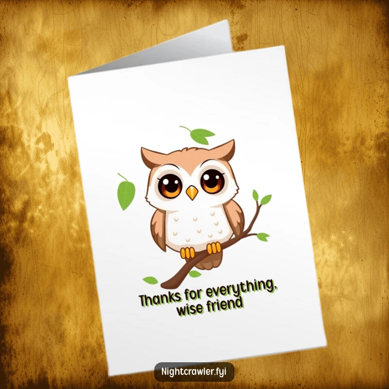 Funny Free Printable Owl Thank You Card: Curious owl on a branch, wide-eyed, expressing heartfelt gratitude.