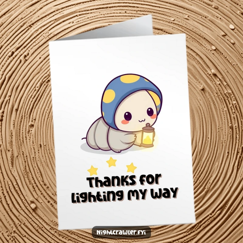 Funny free printable thank you card, night crawler character with a lantern illuminating a path of stars.