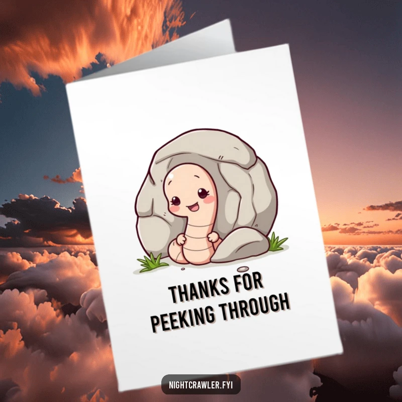 Funny Free Printable Thank You Card: Earthworm peeking shyly from behind a large pebble, expressing thanks.