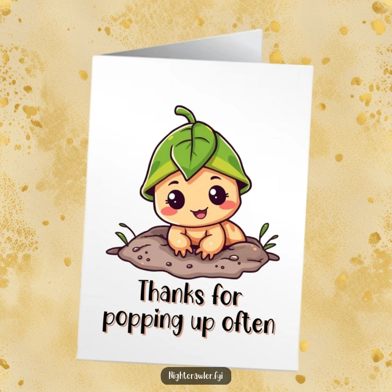 Funny Free Printable Thank You Card: A cheerful night crawler wearing a leaf cap peeks out from its burrow, saying thanks.