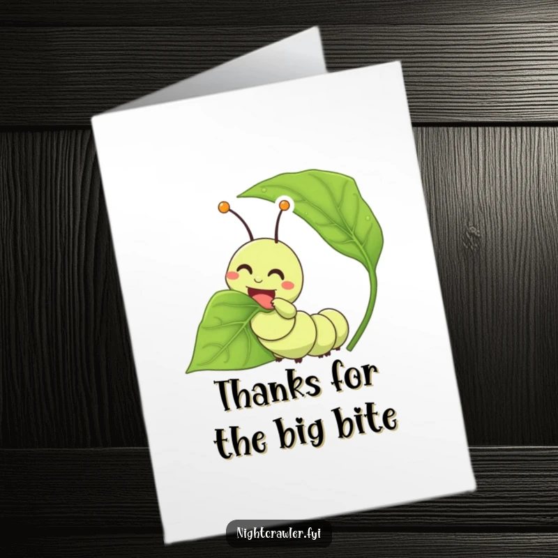 Funny Free Printable Thank You Card featuring a happy caterpillar enjoying a leaf, symbolizing the simple joys and appreciation you wish to convey.
