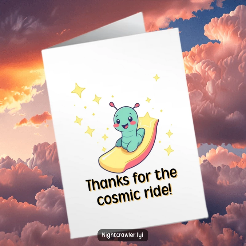 Funny Free Printable Thank You Card: A smiling worm character sliding down a starlight path, a fun way to say thank you.
