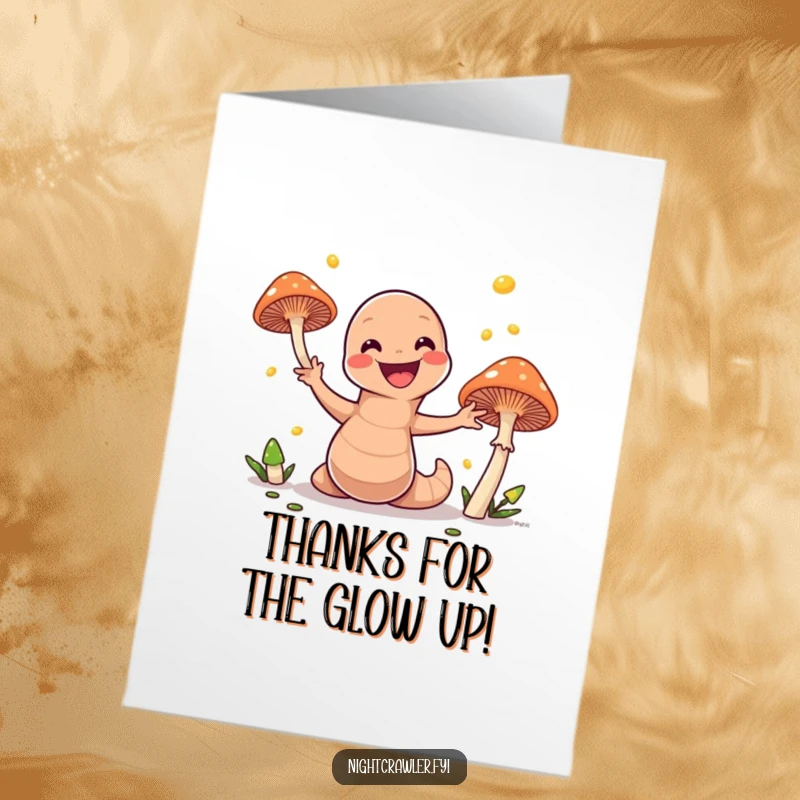 Funny Free Printable Thank You Card: Earthworm juggling bright mushrooms, radiating thanks and fun.