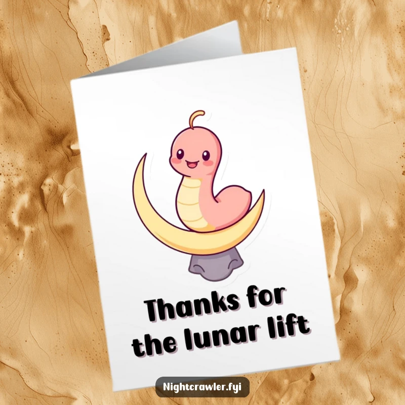 Funny Free Printable Thank You Card: A happy kawaii worm grins while balancing on a crescent moon, saying thanks.
