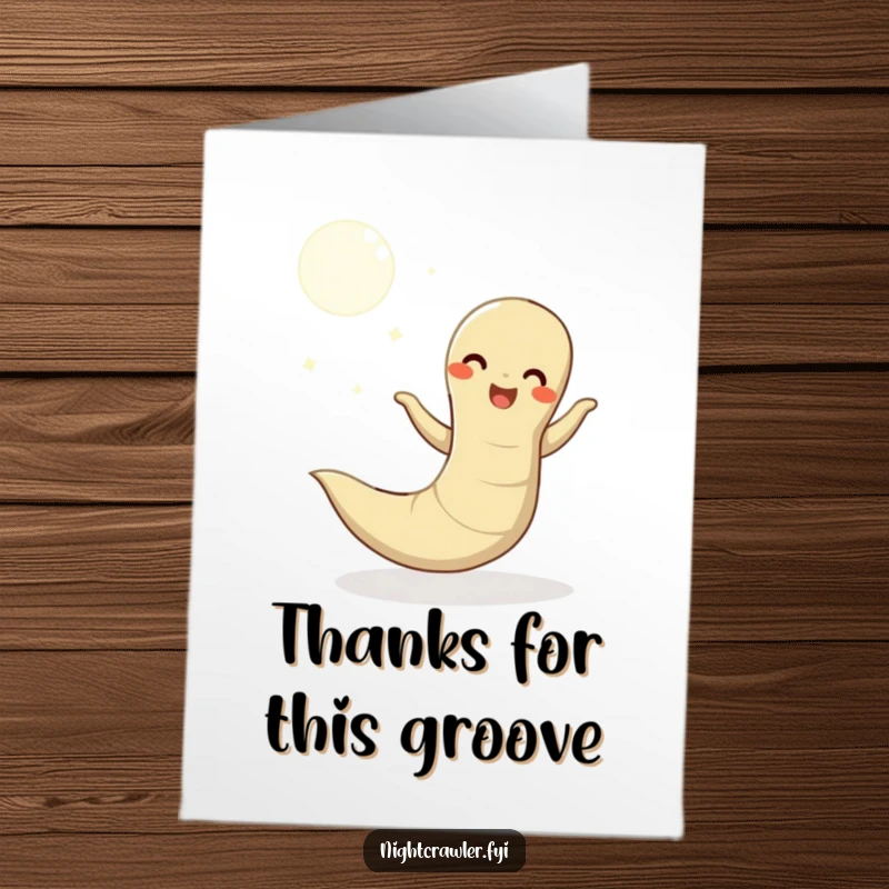 Funny Free Printable Thank You Card: Happy earthworm doing a wiggly dance under moonlight, conveying sincere thanks.