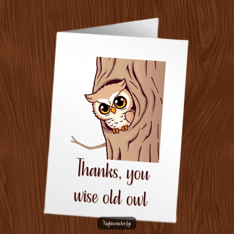Funny Free Printable thank you card depicting a little owl peeking from a tree hollow with bright, friendly eyes, spreading warmth.