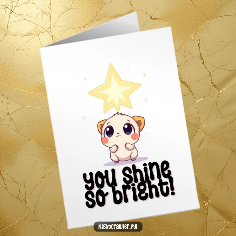 Funny Free Printable Thank You Card: Small creature with wide, curious eyes looking up at a massive, twinkling star, a cosmic thank you.