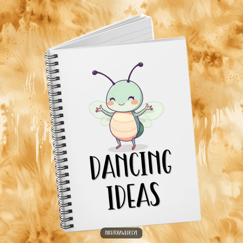Funny notebook cover with a cute insect character shown dancing in moonlight with a happy twitch, perfect for journaling.
