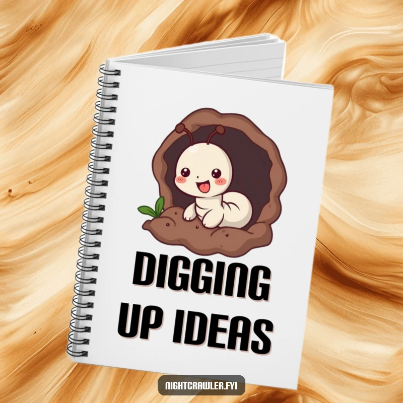 Funny notebook featuring a small worm character joyfully burrowing into soft, dark earth, perfect for jotting down cozy thoughts.