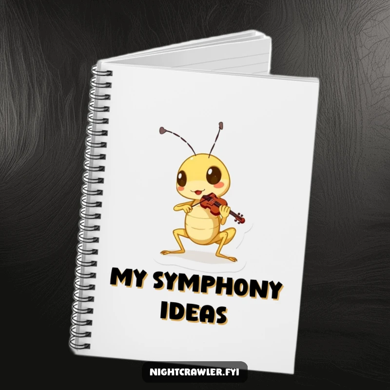 Funny cricket notebook featuring a cute character playing a miniature violin with gusto, inspiring musical creativity.