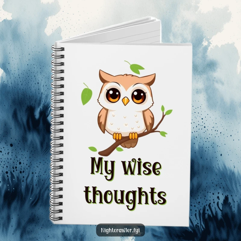 Funny owl notebook featuring a curious character with wide, wondering eyes perched on a branch, ready to record thoughts.