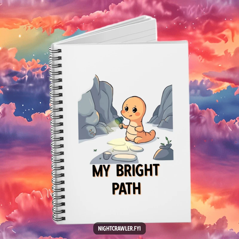 Funny notebook with an earthworm holding a flashlight to illuminate a dark path, perfect for notes and planning with inspiration.