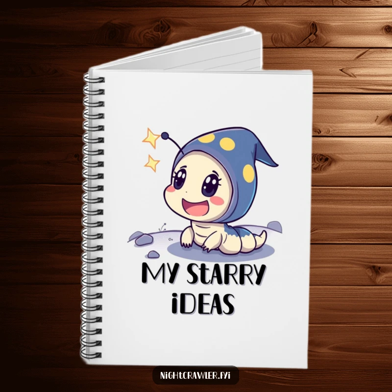Funny notebook featuring a night crawler character with exaggerated surprise witnessing a shooting star, perfect for capturing wishes.