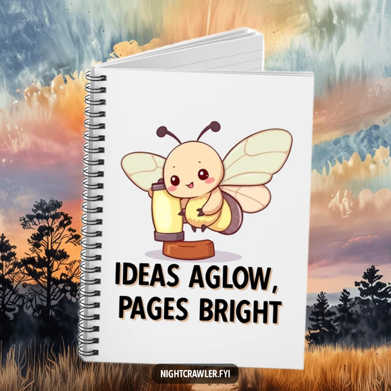 Funny Kawaii Moth Notebook: A whimsical kawaii moth character playfully flutters around a luminous glowing lantern, designed for humorous note-taking.