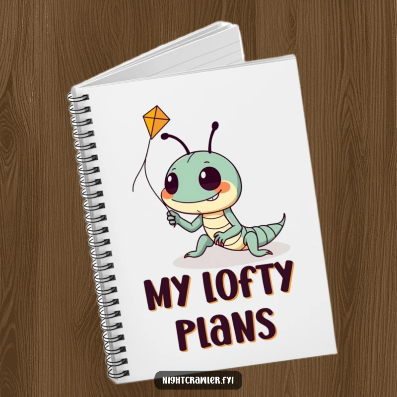 Funny notebook cover with a goofy night crawler character, grin wide, trying to fly a tiny kite, symbolizing ambition and effort.