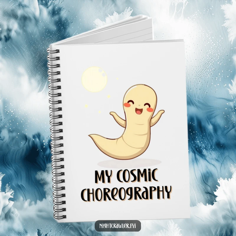 Funny notebook with a happy earthworm doing a wiggly dance under the moon, ideal for notes and capturing creative ideas.
