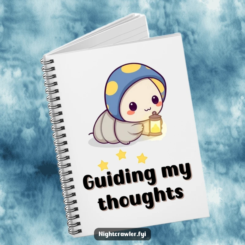 Funny notebook cover with a night crawler character holding a lantern and leading a path of glowing stars, inspiring nighttime journaling.