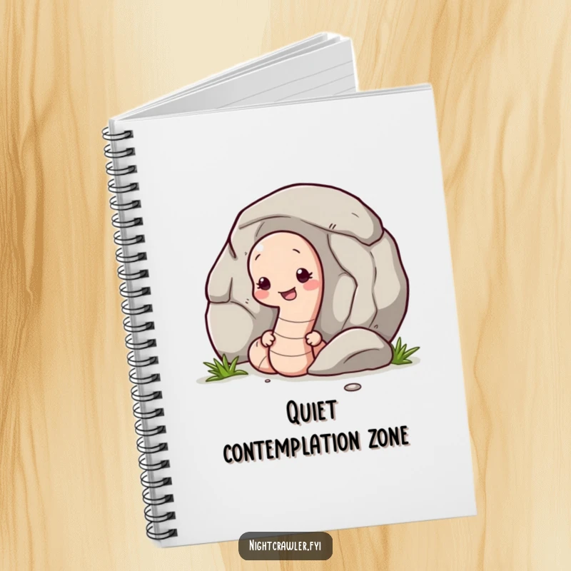 Funny notebook with a shy earthworm peeking from behind a pebble, perfect for notes and capturing thoughts with subtle humor.