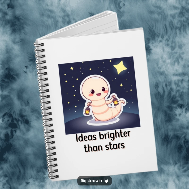 Funny Notebook cover featuring a happy worm carrying a tiny lantern through a dark, starry landscape, encouraging creative writing.