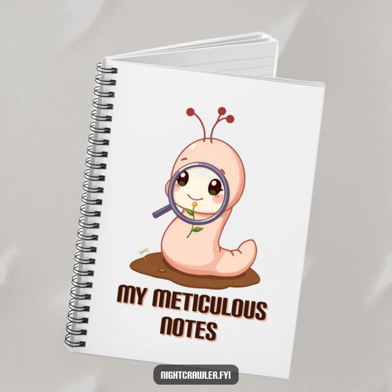 Funny notebook cover with a cute worm character examining a tiny sprout with a magnifying glass, perfect for humorous notes and observations.
