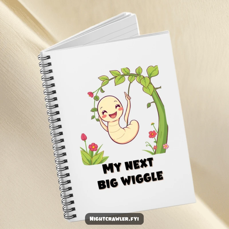 Funny notebook cover featuring a joyful worm character swinging on a vine, encouraging happy thoughts and garden-inspired creativity.