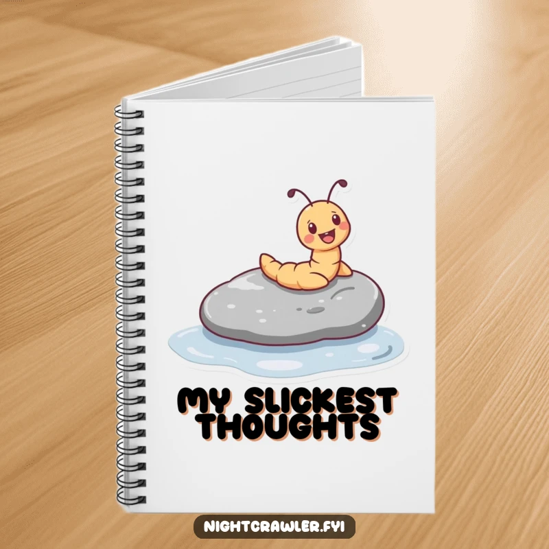 Funny notebook featuring a tiny worm character joyfully sliding down a smooth, wet pebble, perfect for capturing happy thoughts.