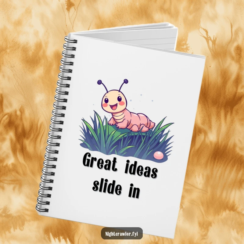Funny notebook cover showing a joyful night crawler character sliding down a dewy blade of grass, ready for exciting tales.