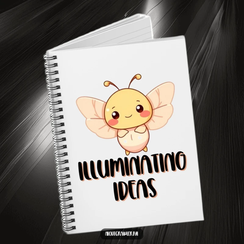 Funny moth notebook featuring a happy character fluttering around a soft, gentle light source, ideal for capturing thoughts.