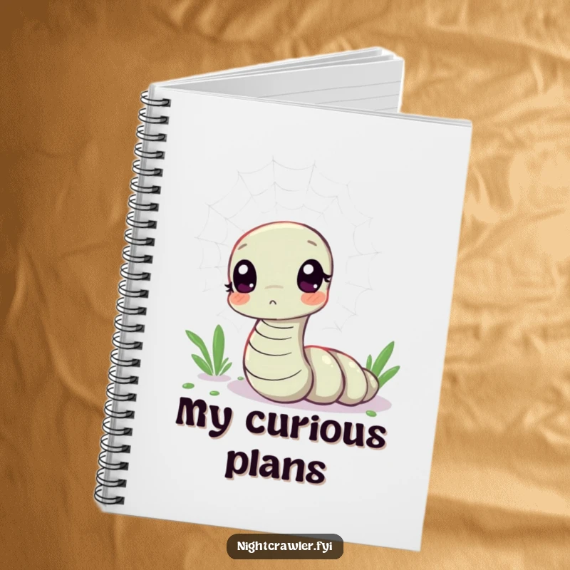 Funny notebook featuring a kawaii worm character looking curious at a shimmering spider web, perfect for jotting down curious thoughts.