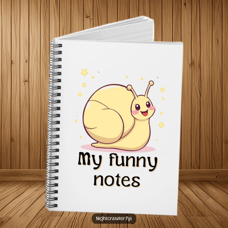 Funny kawaii snail notebook with a cute snail character leaving a shimmering trail of giggles, perfect for journaling.