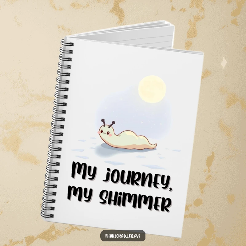 Funny notebook cover showing a cute slug character leaving a shimmering trail on a moonlit surface, ready for calm thoughts.
