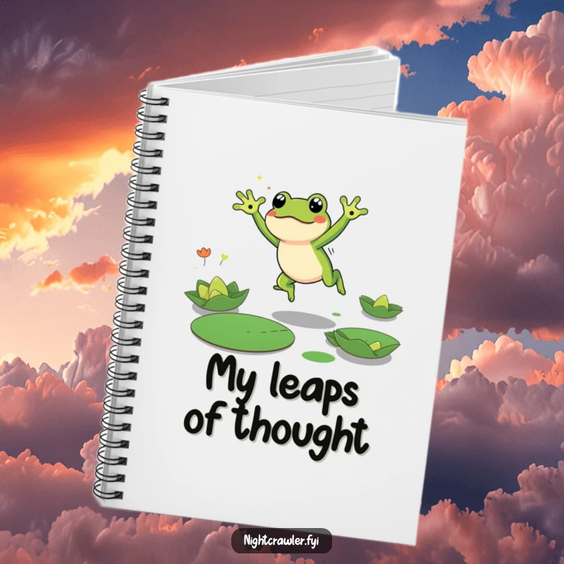 Funny Frog Notebook with a cute frog character energetically leaping between lily pads in the dark, perfect for notes with humorous flair.