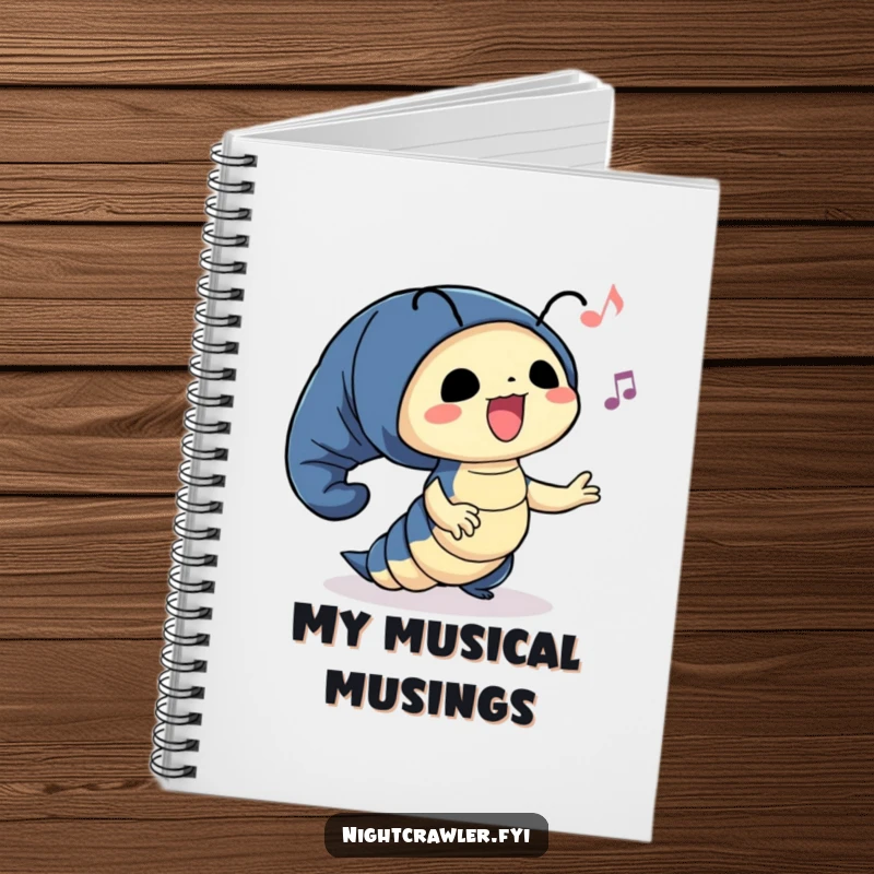 Funny notebook featuring a cute night crawler character happily swaying to imaginary music, perfect for capturing musical ideas.