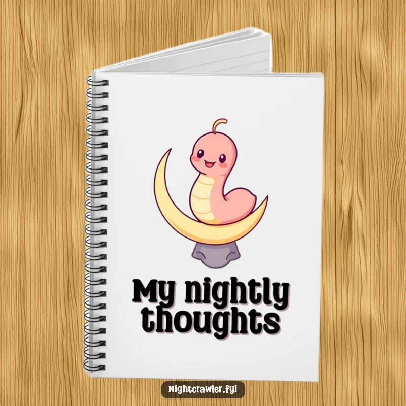 Funny notebook cover with a grinning kawaii worm balancing on a crescent moon, perfect for humorous notes and sketches.