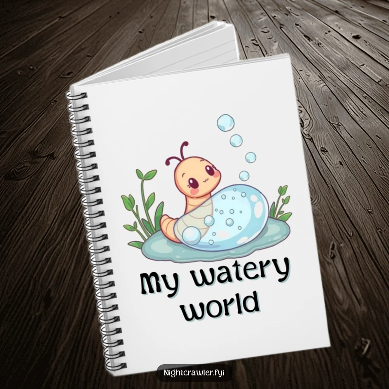 Funny notebook with a curious earthworm exploring a dewdrop, perfect for notes and capturing discoveries with a sense of wonder.