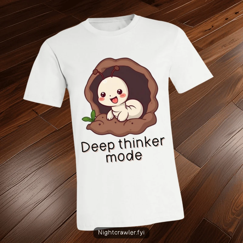 Funny T-shirt with a small worm character joyfully burrowing into soft, dark earth, representing relaxation and finding your space.