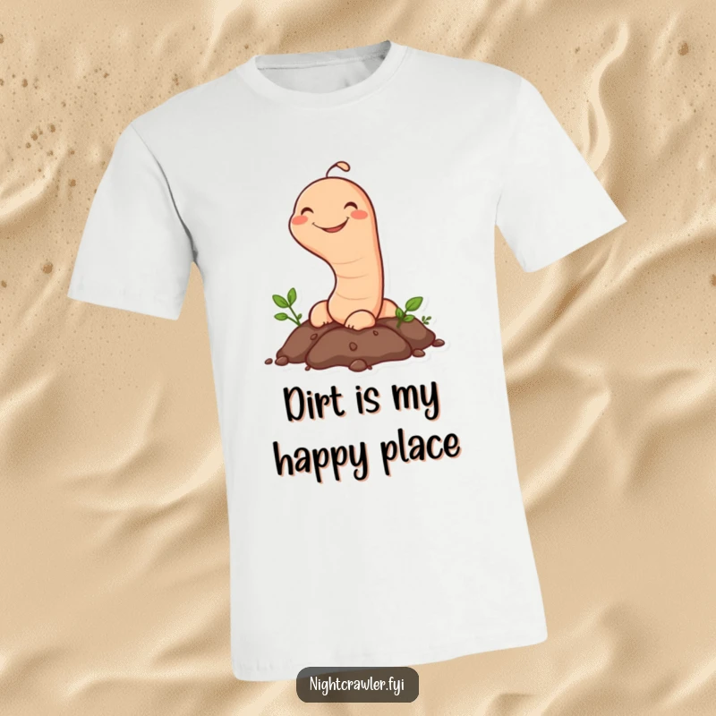 Funny Earthworm T-Shirt: A happy earthworm character is shown emerging from the soil with a big, contented grin, a funny garden theme.