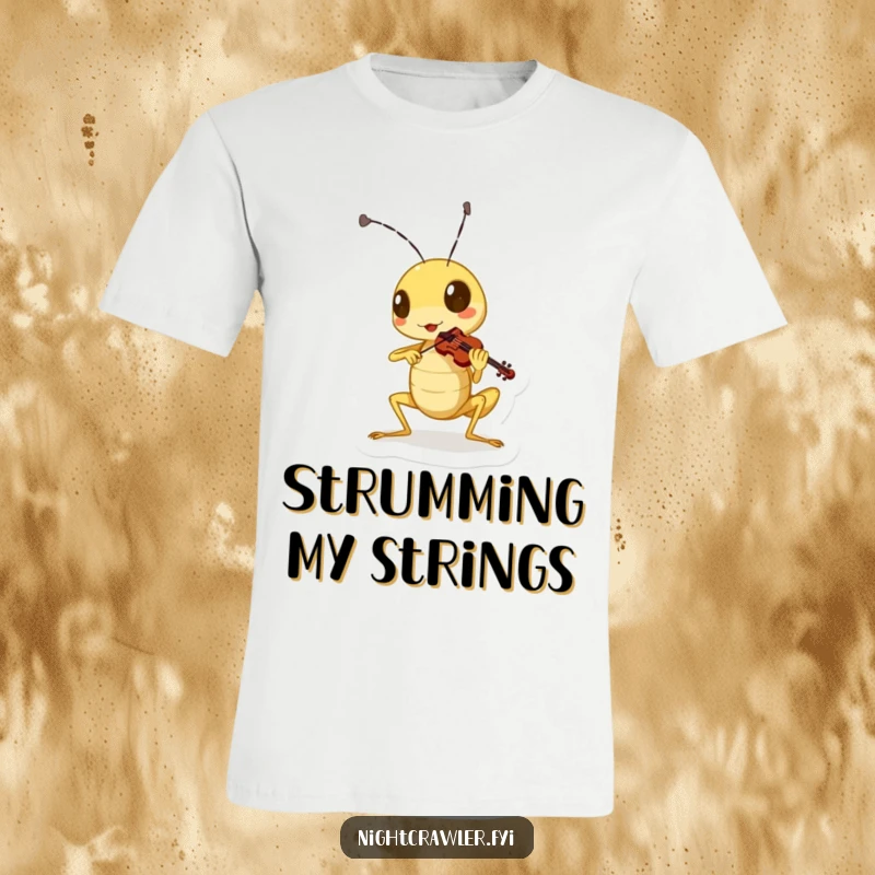 Funny cricket t-shirt depicting a cute character playing a miniature violin with dramatic gusto and joyful expression.
