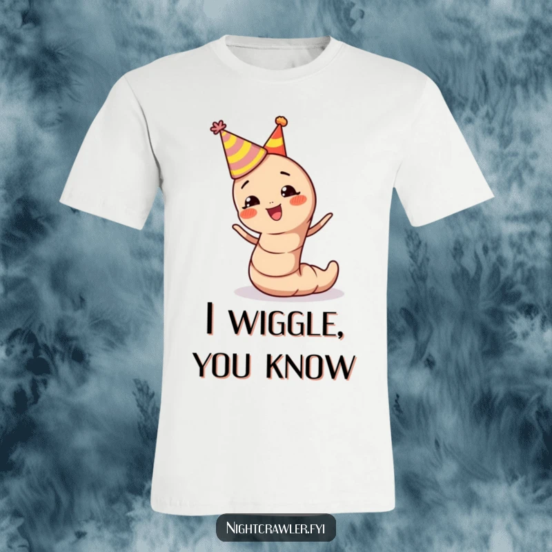 Funny earthworm t-shirt with a party hat, depicted wiggling ecstatically, ready to celebrate life's best moments.